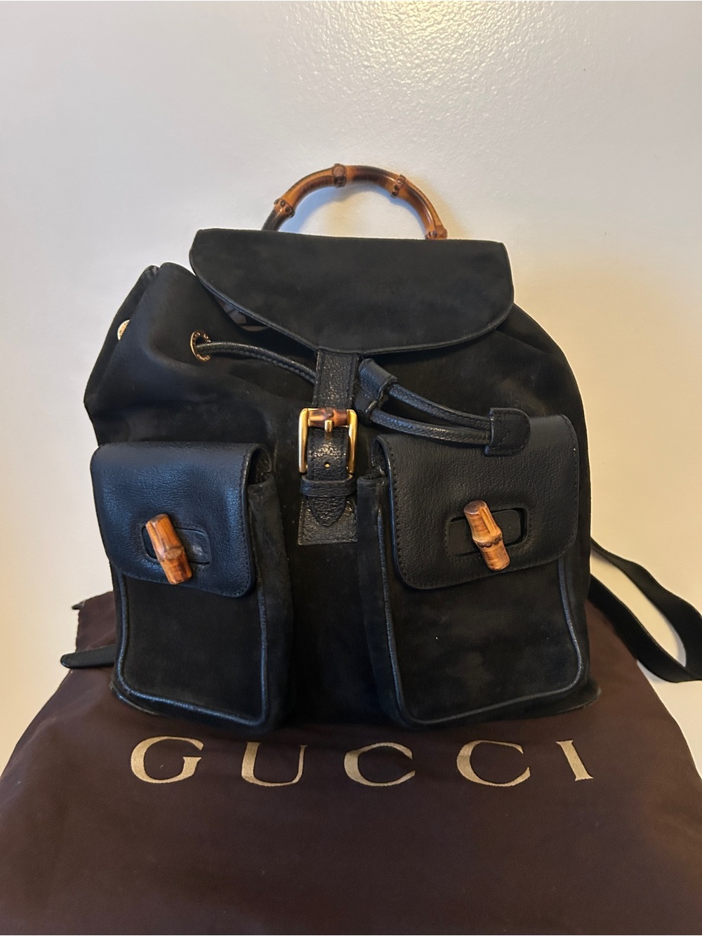 Gucci Bamboo Backpack, Suede & Leather.  Vintage Beauty .  Dusty Included!